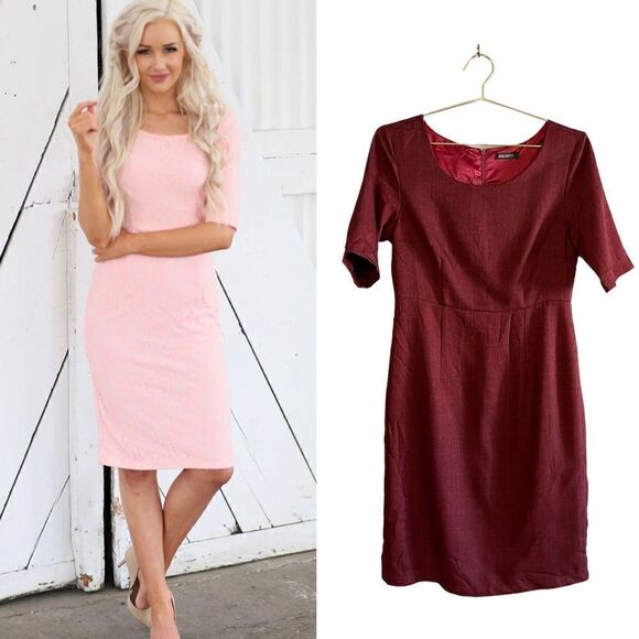 MIKAROSE Burgundy Red Plaid Print Short Sleeve Sheath Dress | SZ M - Picture 1 of 11